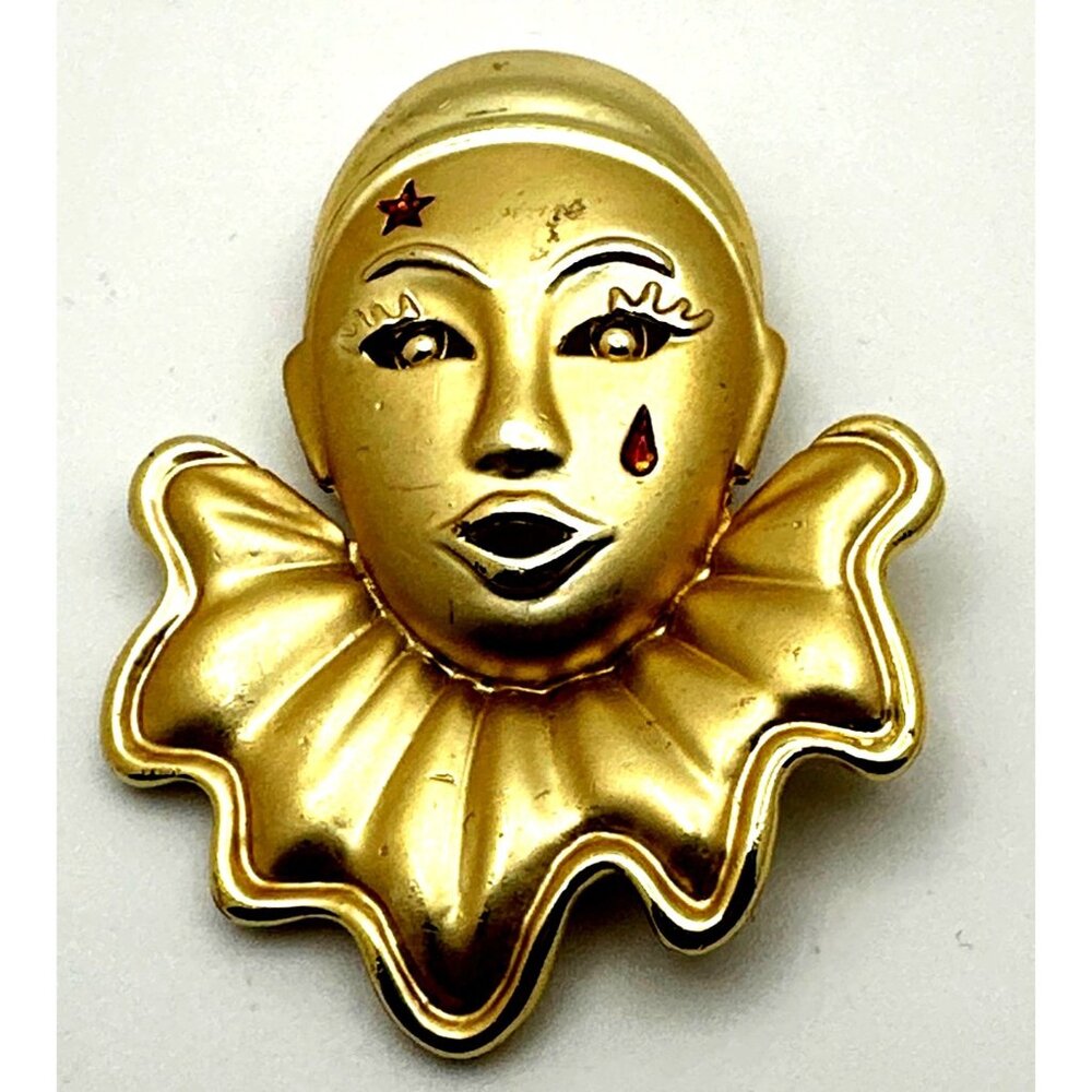 Pierrot Harlequin Clown Pin Vintage Gold Tone Retro Drama Theatrical Cosplay